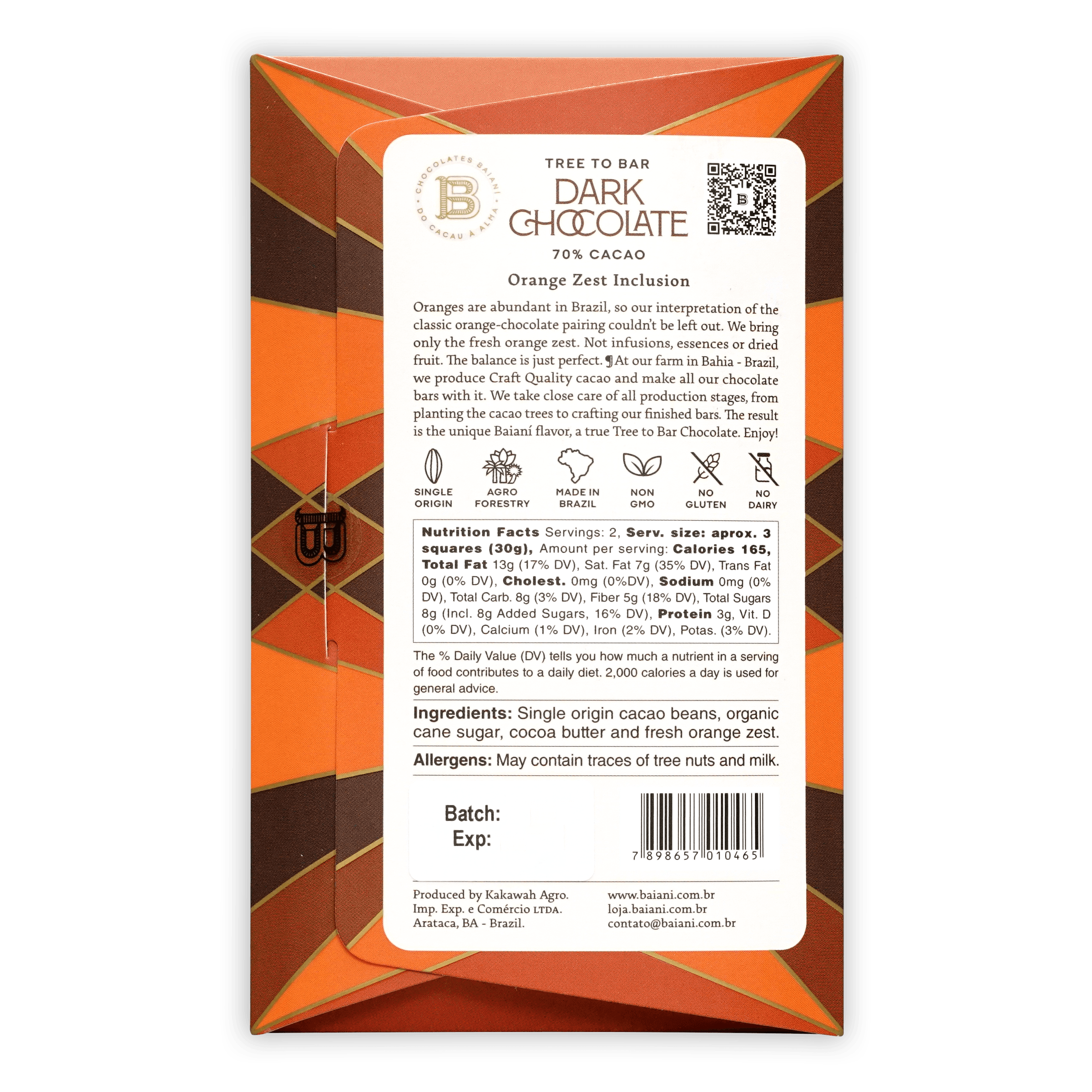 Baiani Dark Chocolate w/ Orange Zest 70%