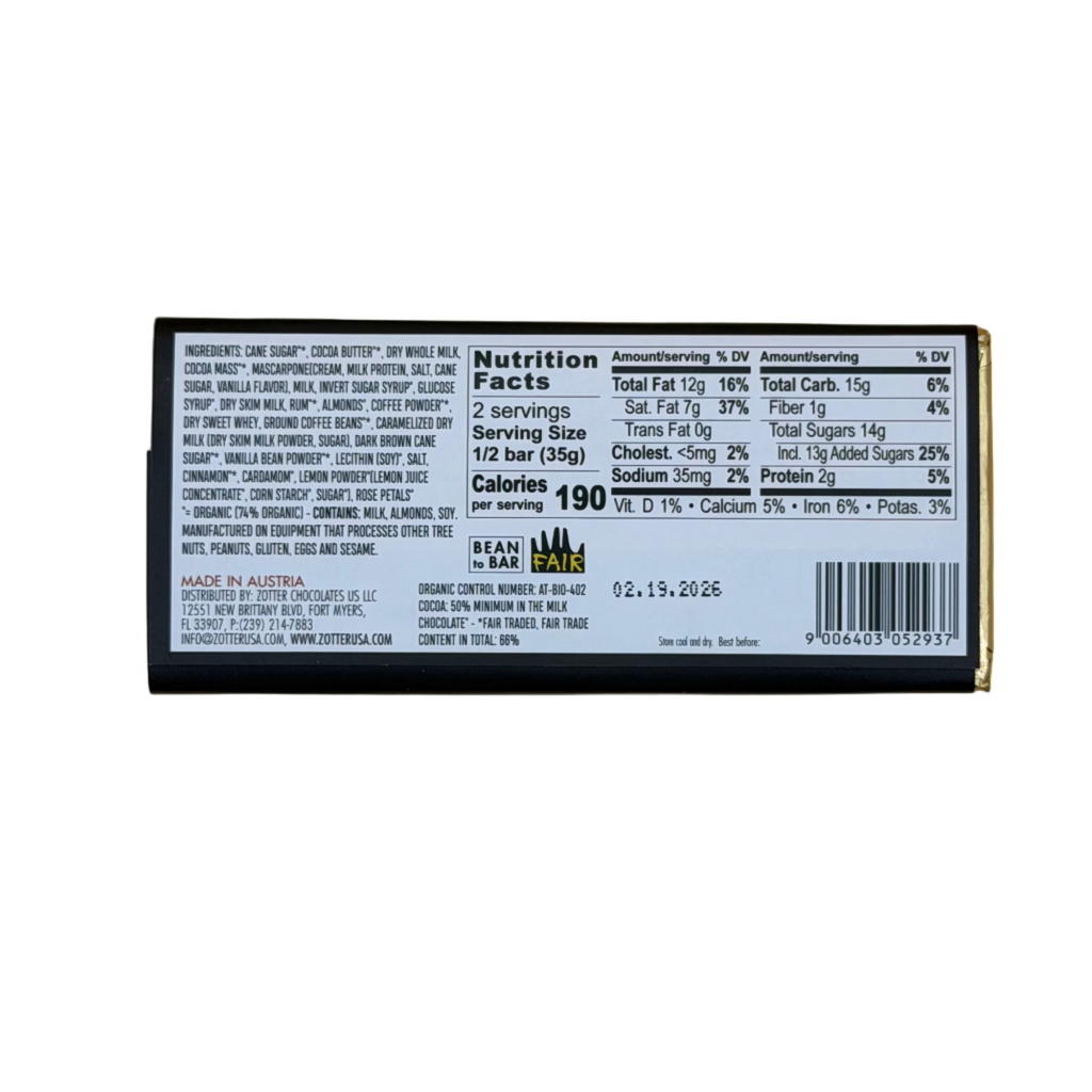 ZOTTER Tiramisu (Filled Chocolate Bar)