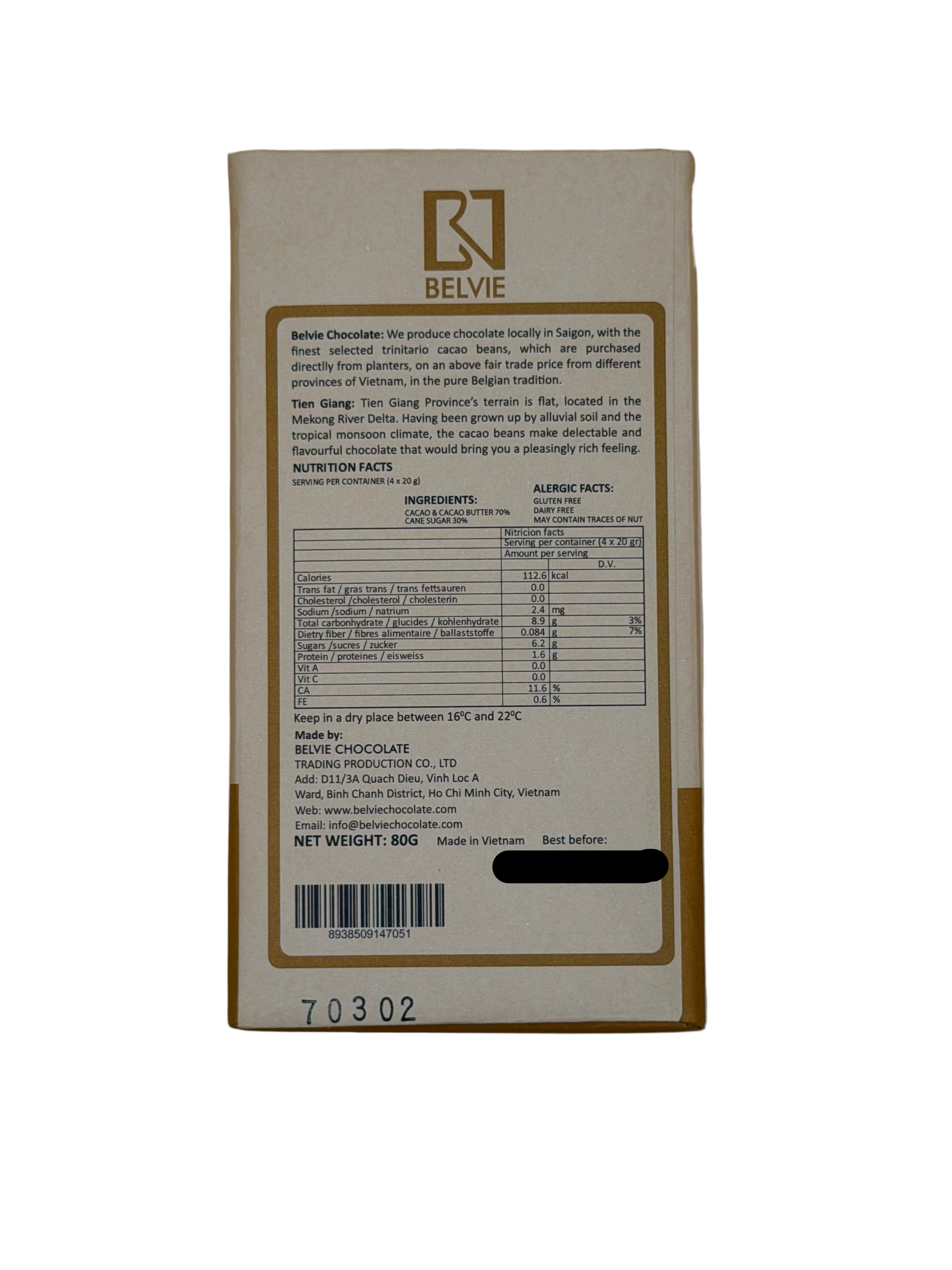 BELVIE 70% Tien Giang Dark Chocolate