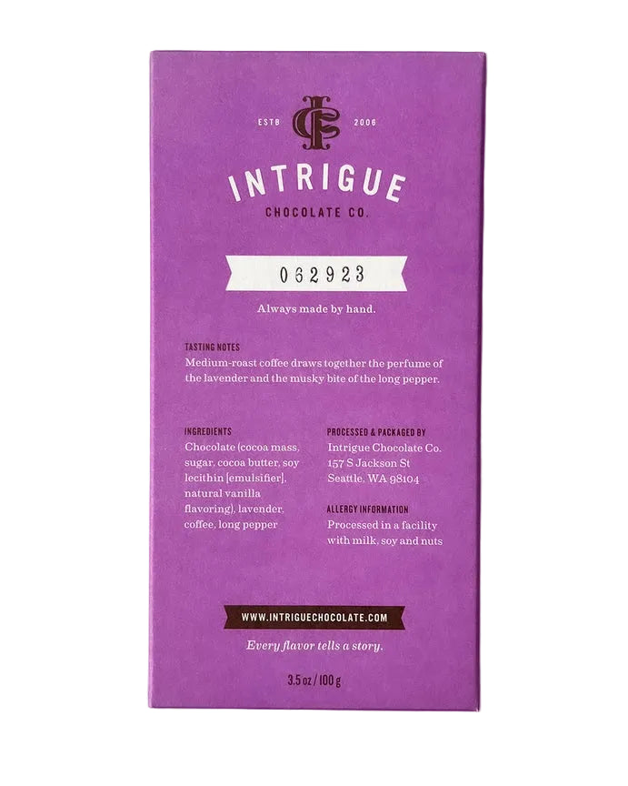 INTRIGUE CHOCOLOATE CO 64% Dark Lavender Coffee Long Pepper