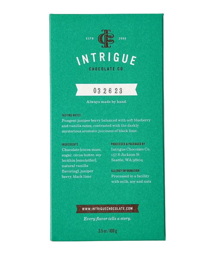 INTRIGUE CHOCOLATE CO 68% Juniper Berry Black Lime