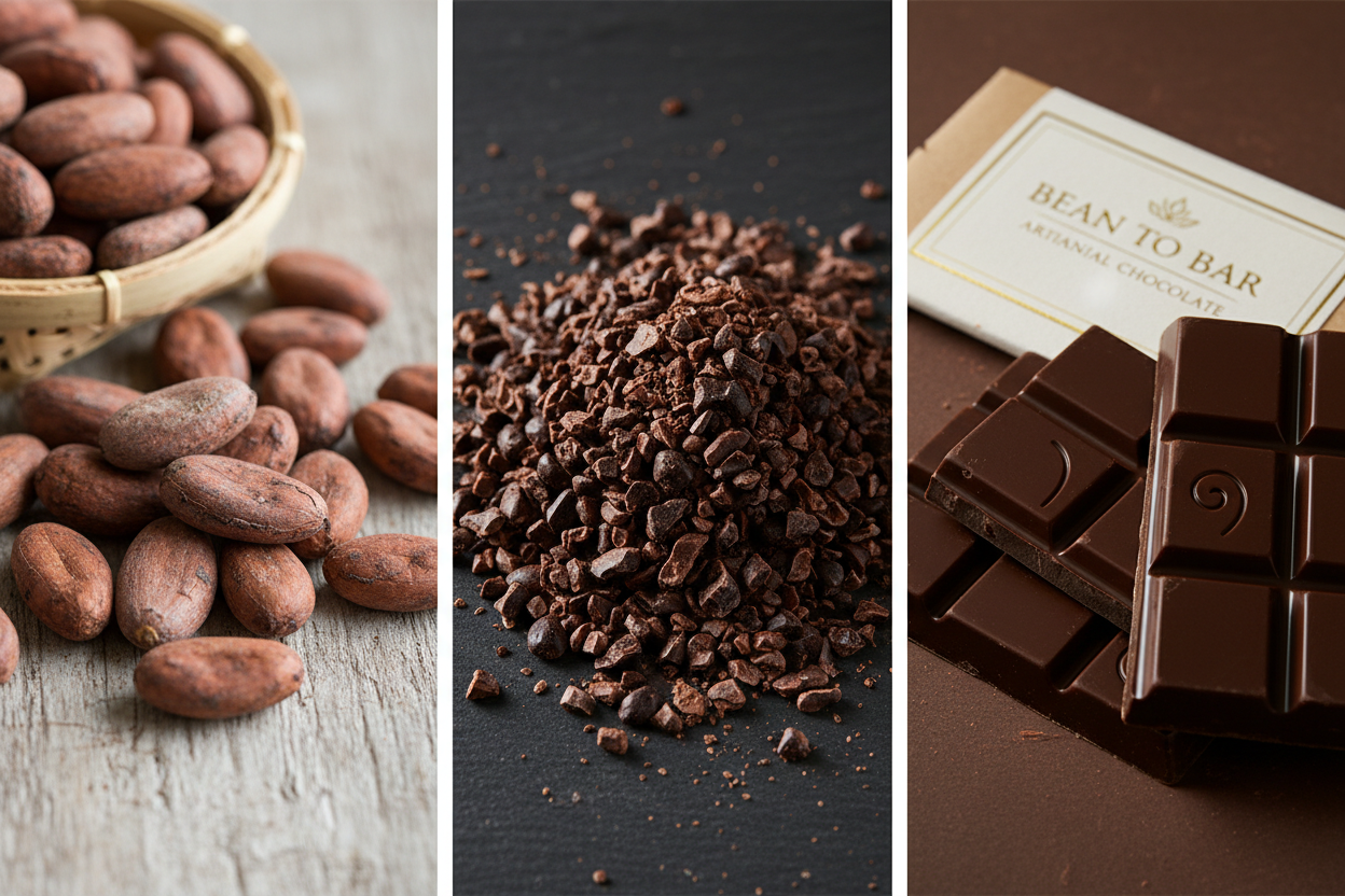 images of the process of making chocolate showing whole beans, cacao nibs, then chocolate bars